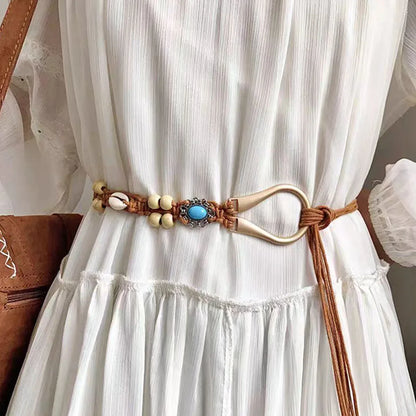 Bohemian Style Handmade Wooden Bead Shell Belt For Women Casual Vacation Fashionable Waist Rope Skirt Worn Loosely Around The Wa