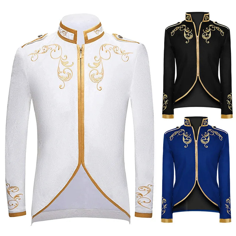 Vintage Men's Victorian Medieval Steampunk Cosplay Costume Jacket Coat Embroidery Zip Up Stand Collar Prince King Blazera Coats