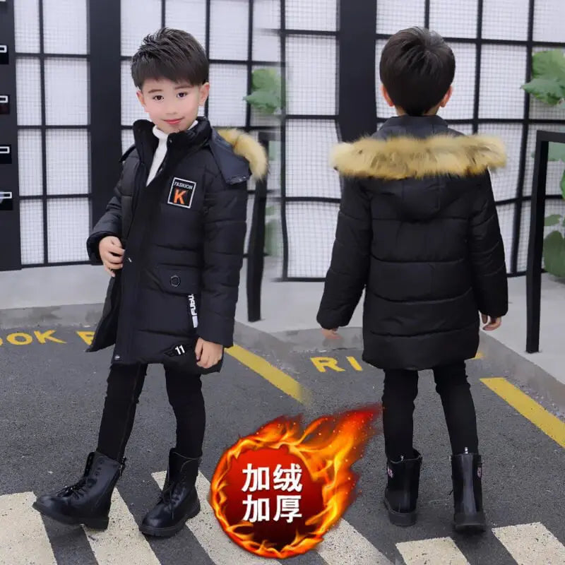 2023 New 4-14 Years Very Keep Warm Winter Boys Jacket Teenager Mid-Length Plus Velvet Thickening  Hooded Cotton Coat For Kids