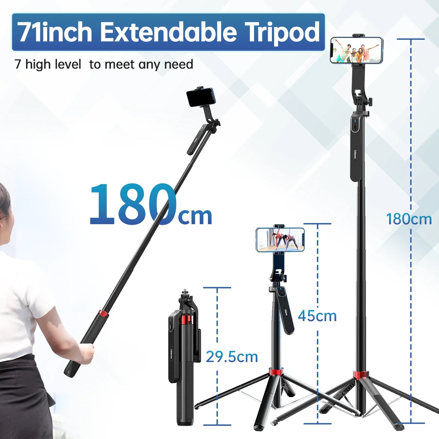 Ulanzi MA09 1.8m Selfie Stick Tripod for iPhone 11 12 13 14 15 Pro Max Phone with Remote Control with Panoramic Ball head Holder