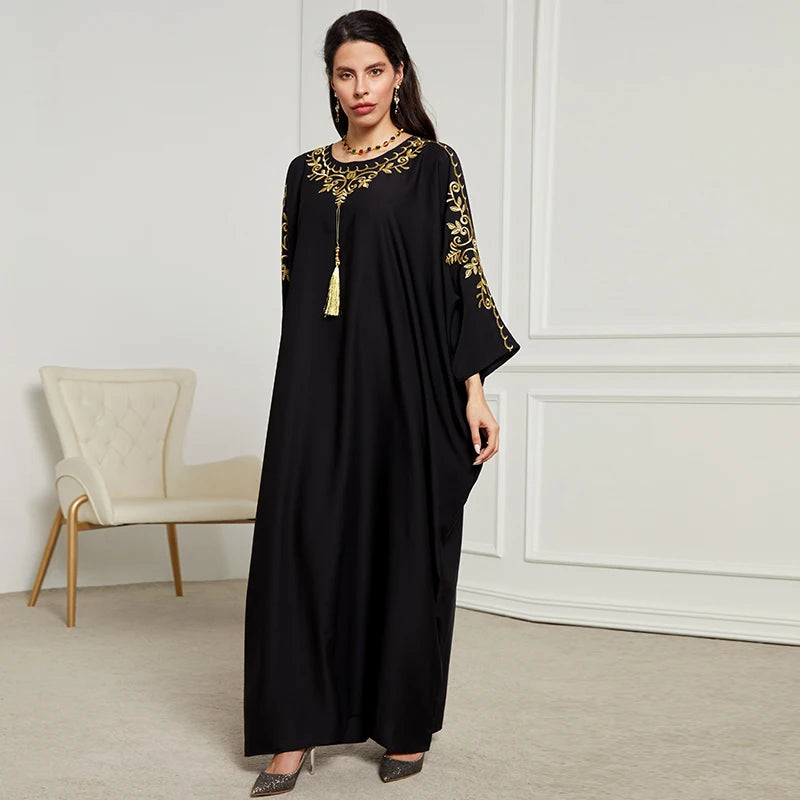 Modest Muslim Batwing Sleeve Tassel Kaftan Moroccan Abaya Fashion Solid Chic Embroidery O-Neck Loose Muslim Dresses For Women