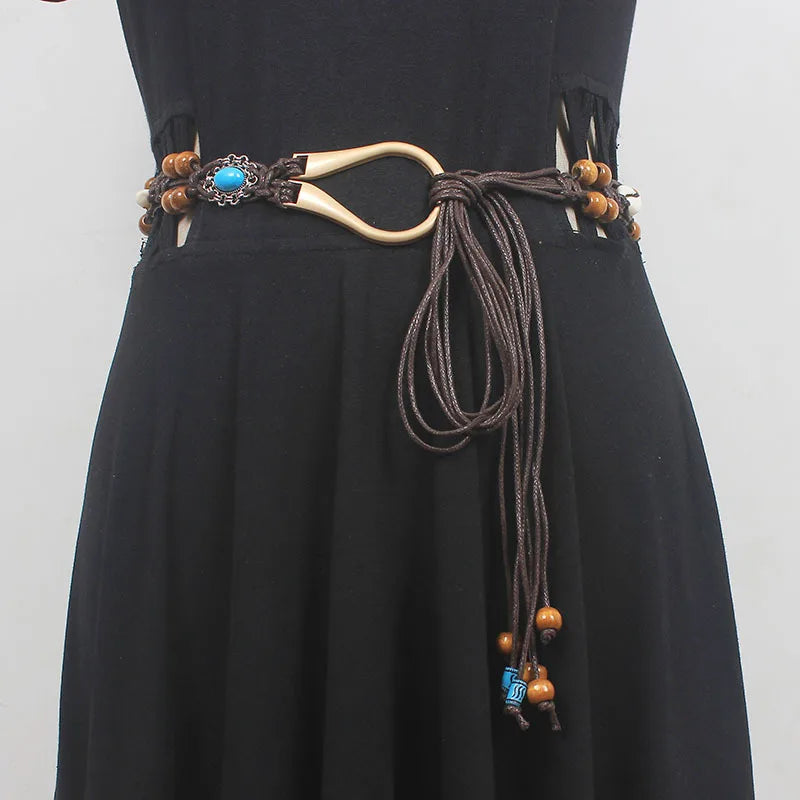 Bohemian Ethnic style Handmade wood bead shell knot belt casual holiday  delicate waist rope women's fashion accessories