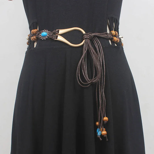 Bohemian Ethnic style Handmade wood bead shell knot belt casual holiday  delicate waist rope women's fashion accessories