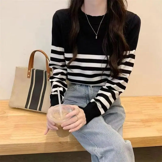 Casual Women's Stripe Contrast Knit Sweater Winter Thin O-Neck Loose Retro Elegant Korean Basic Pullover Trend Office Lady Top