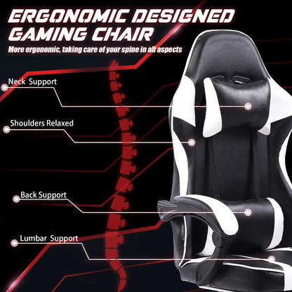 Ergonomic Gaming Chair with Footrest, High-Back Video Game Chair Computer Chair, Office Chair with Headrest and Lumbar, PU Leath