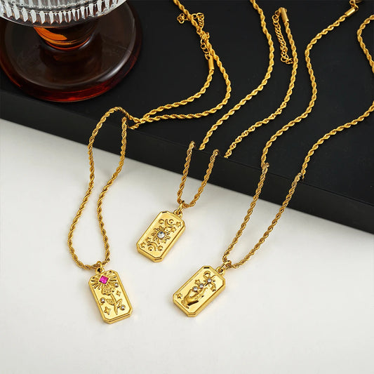 Vintage Geometric Square Tarot Pendant Necklace for Women Golden Color Rope Chain Necklaces Stainless Steel Waterproof Jewelry