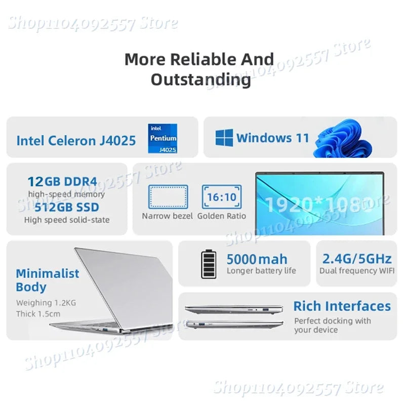 14.1" Ultra Slim Laptop 16GB RAM 2TB SSD Intel N3700 Notebook Gamer 1920*1080 Display Office Study Computer PC Windows 11 Pro