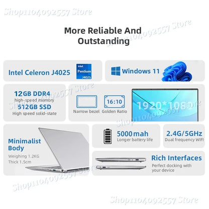 14.1" Ultra Slim Laptop 16GB RAM 2TB SSD Intel N3700 Notebook Gamer 1920*1080 Display Office Study Computer PC Windows 11 Pro