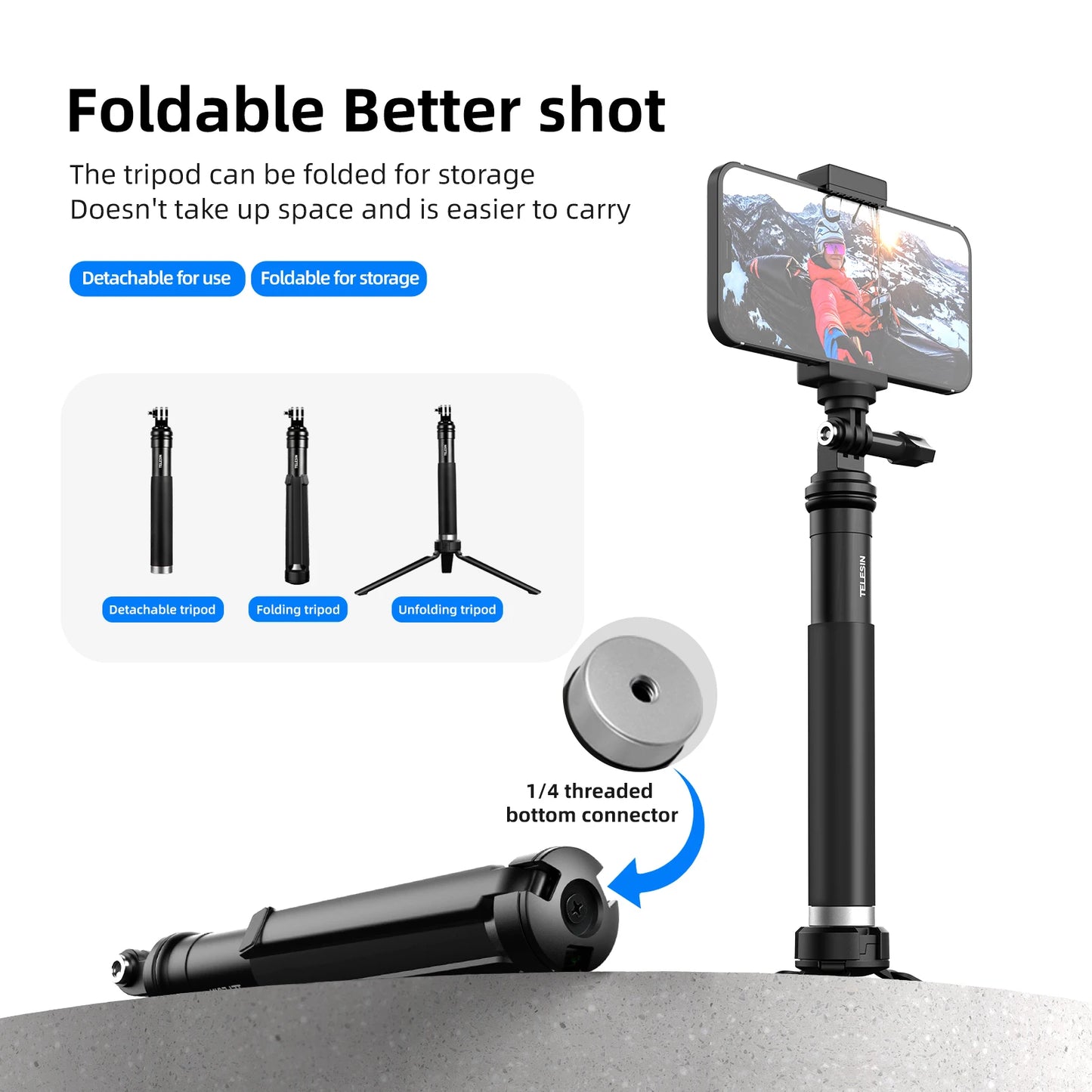 TELESIN For GoPro Selfie Stick 360° Rotation Foldable Tripod Phone Holder Aluminum Alloy Monopod for DJI Insta360 Smartphone