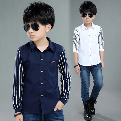 Children's Wear Boys Shirt Long Sleeve Autumn Wear Children's Casual Kids Striped Shirt 4-14 Ages Navy Blue White Kids Stripe