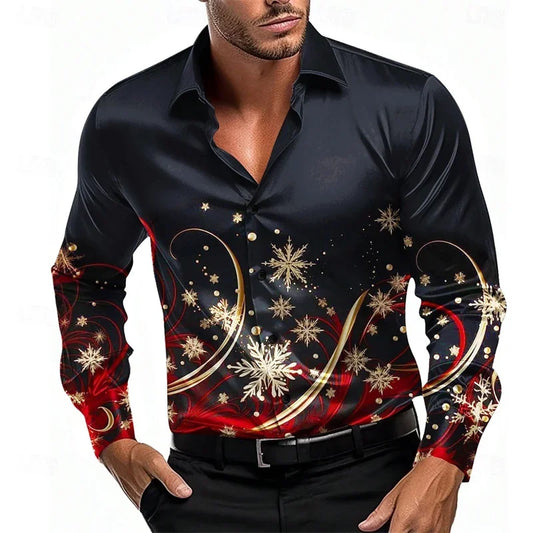 2025 Christmas Men's Christmas Scene Printed Shirt Snowflake Casual Fashion Lapel Button Long Sleeve Party Autumn Shirt XS-6XL