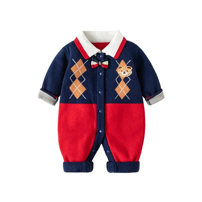 Spring Autumn Ins Newborn Boys Patchwork Turn Down Collar Plaid Cotton Baby Boys Romper Bowknot Cartoon Bear Infant Boy Jumpsuit