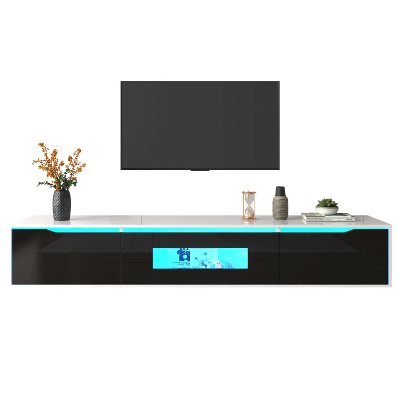 High gloss TV cabinet, lowboard, with multicoloured LED lighting, wall mounting option and dimensions 180cm