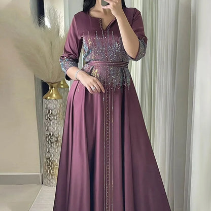 Middle East Ramadan Moroccan Muslim Forged Face Dress Arab Dubai Dress Luxury Fashion Hot Diamond Evening Robe