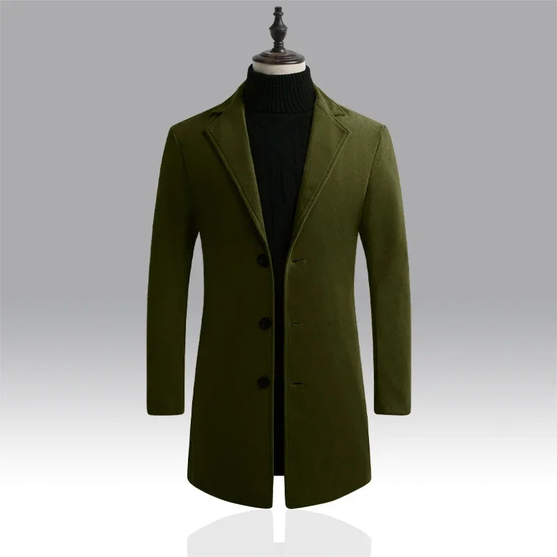 Autumn and Winter Fashion Men's Wool Blend Long Cotton Coat Men's Solid Color Casual Senior Slim Fit Single Breasted Trench Coat