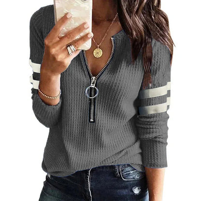 New Spring Fall Stripe Big Zipper Retro Sweater Long Sleeve Sweater Fashion Loose Pullover Womens Winter Sweaters Warm T-shirt