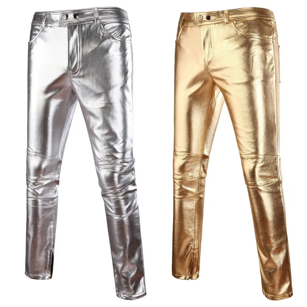 Black Casual Trouser Mens Skinny Shiny Gold Silver PU Leather Motorcycle Nightclub Stage Skinny Pants for Singers Dancers