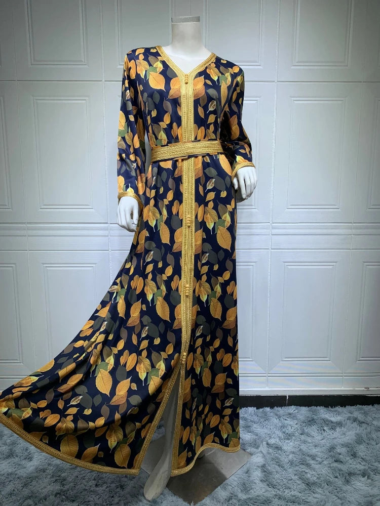 Dubai Print Muslim Women Dress Turkey India Ramadan Abaya Belt Dresses  Islamic Vestido Moroccan Kaftan Arab Elbise Autumn