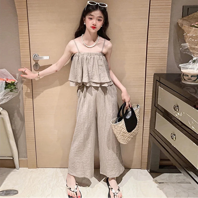 Summer Teenage Girls Clothing Sets Children Fashion Sling Tops + Wide Leg Pants 2Pcs Outfits Kids Tracksuit 4 6 8 10 12 14 Years