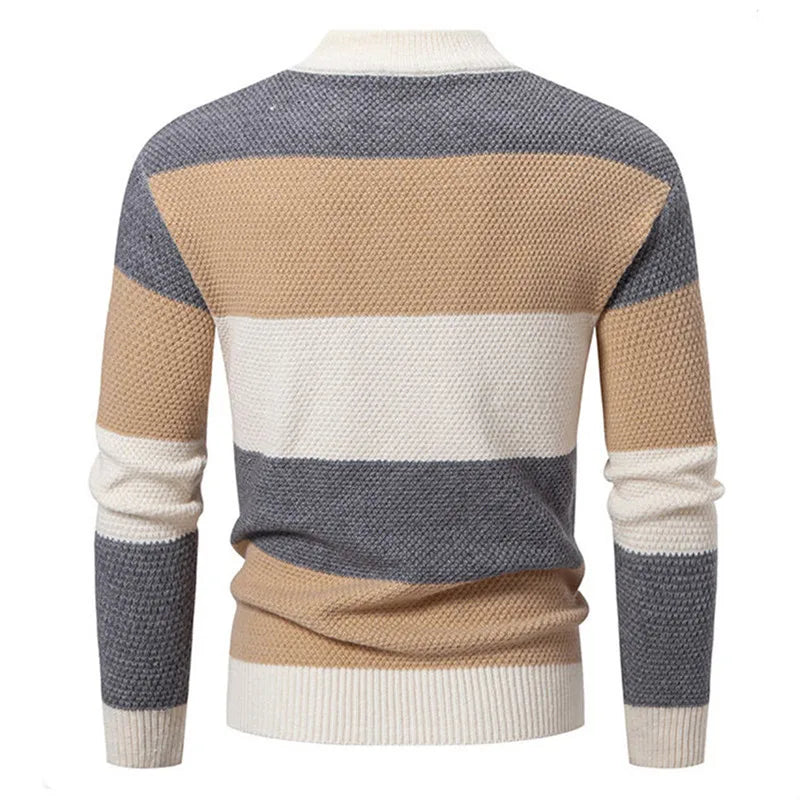 Fashion Patchwork Knitted Sweater Men Autumn Winter Mock Neck Long Sleeve Knit Pullovers Mens Youthful Vitality Casual Sweater