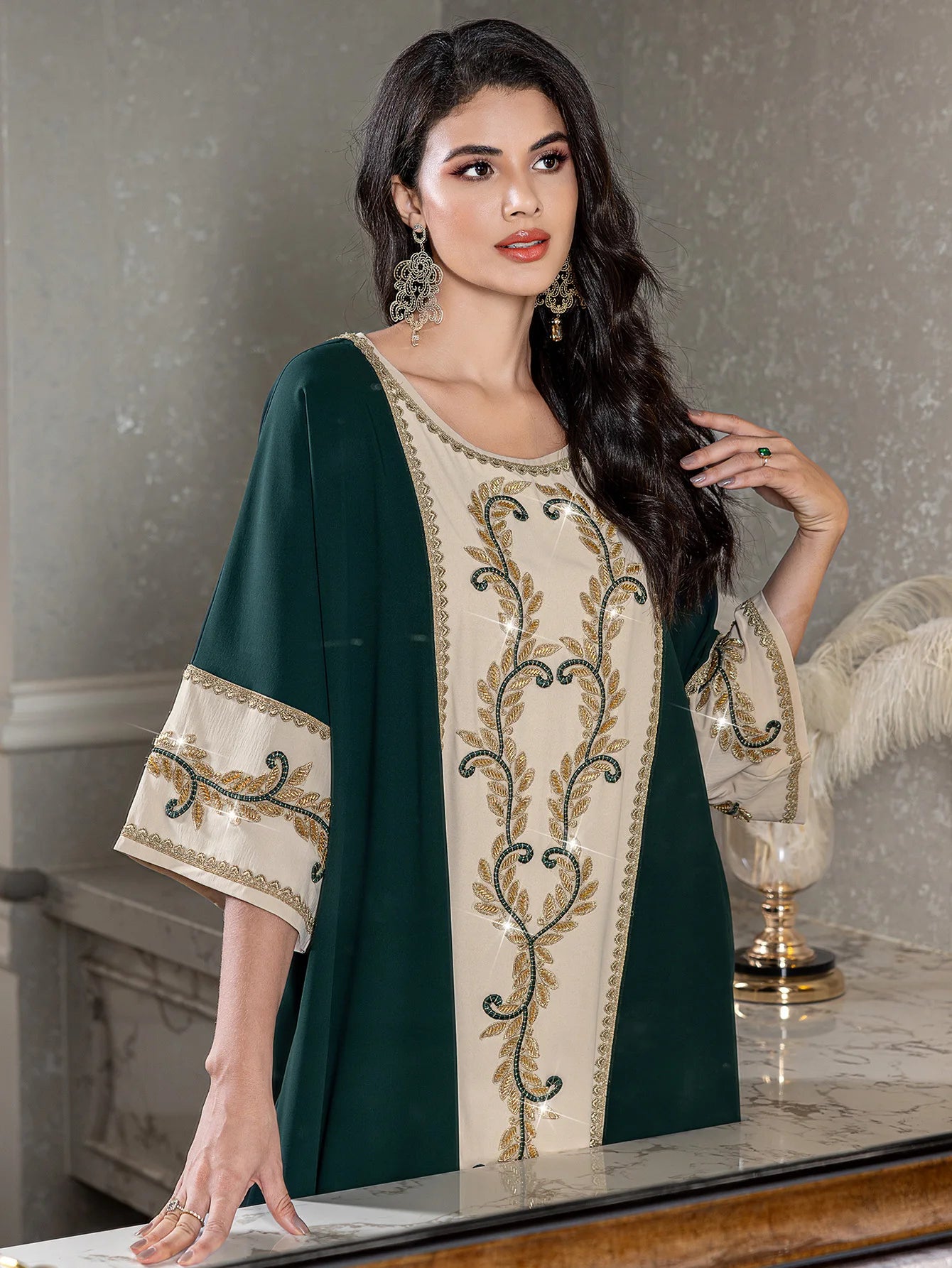 Ramadan Muslim Female Arab Moroccan Black Green Apricot Color Luxury Fashion Islamic Large Robe Rice Bead Embroidered Dress