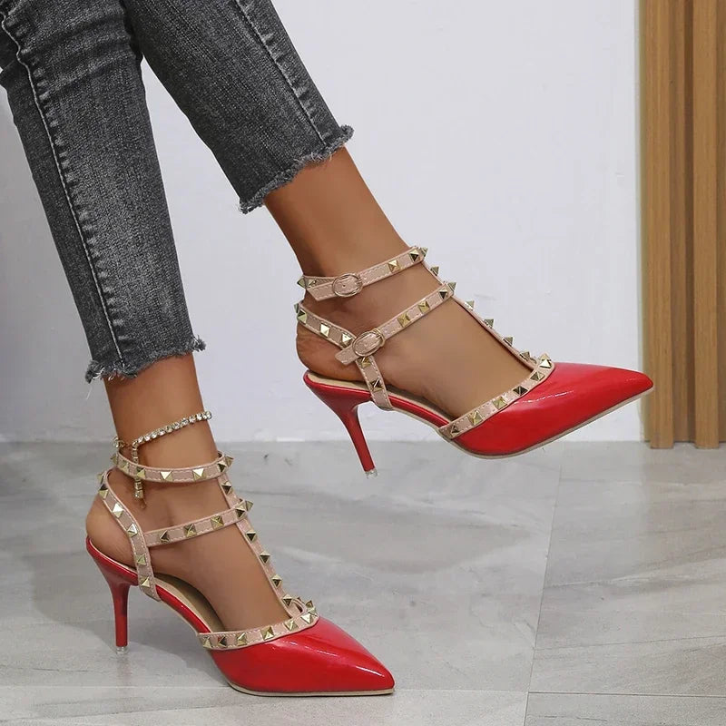 Women's Shoes Rivets Sandals Female Summer  Thick with Fine with High-heeled Shoes Pointed Stiletto Sexy Nightclub Shoes