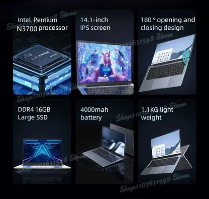 Ultra Slim Laptop 14.1" 16GB RAM 2TB SSD Intel N3700 Notebook Gamer 1920*1080 Display Office Study Computer PC Windows 11 Pro