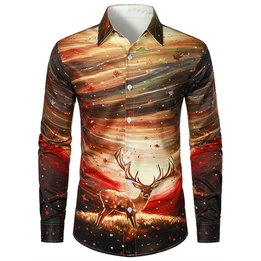 2025 New Year Men's Shirts Happy New Year 3d Print Long Sleeve Shirts For Men Casual Fashion Men's Clothing Loose Oversize Shirt