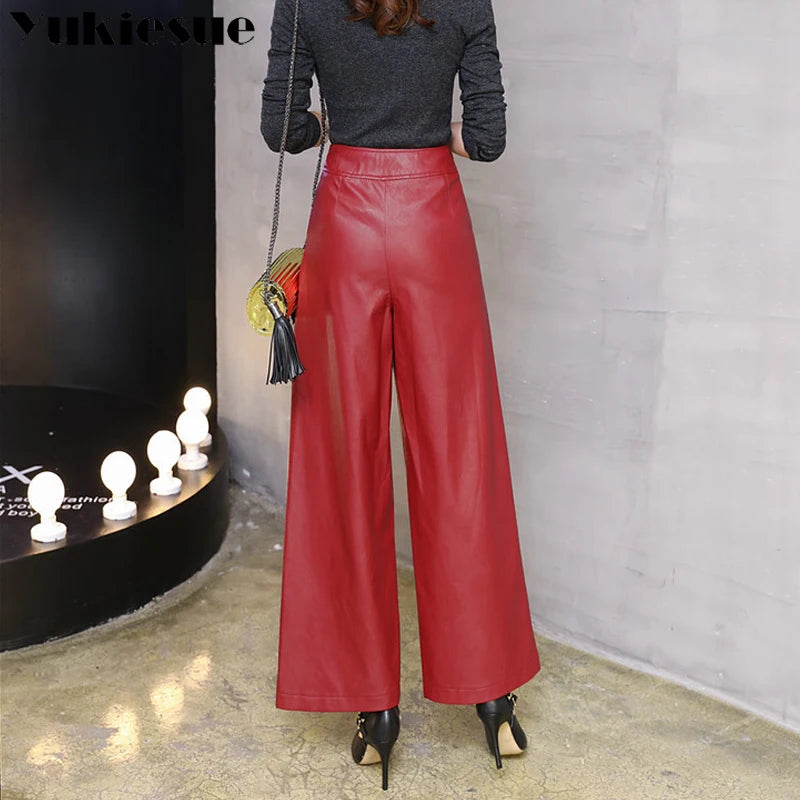 Wide leg pants capirs women 2022 winter warm PU leather pants female trousers OL office formal casual pants woman clothes