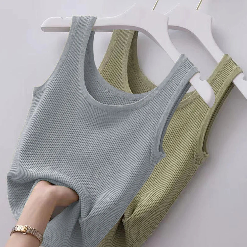 Women's Clothing Tanks For Female Ice Silk Camisole With Solid Knit Bottoming Shirt Sleeveless T-shirt Summer Inner Wear Soft