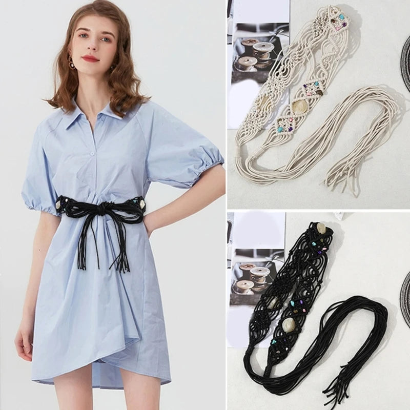 Cowgirl Waist Belts for Braided Vintage Tie Belt with Beads for Impressive Woven Stage Street Dance