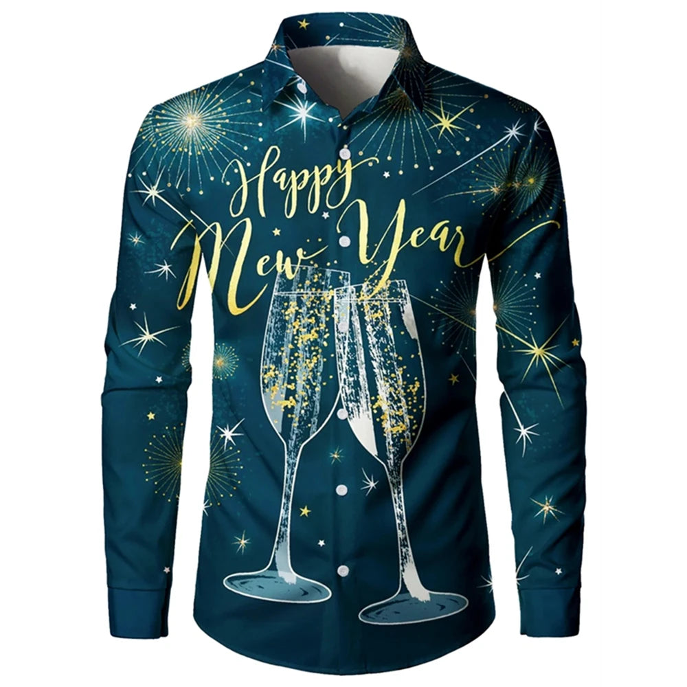 2025 New Year Men's Shirts Happy New Year 3d Print Long Sleeve Shirts For Men Casual Fashion Men's Clothing Loose Oversize Shirt