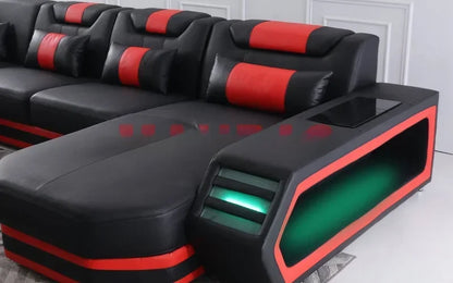 Linlamlim Italian Genuine Leather Sectional Sofa with LED Lights | Futuristic Furniture U Shape Couch Living Room Big Sofas Set