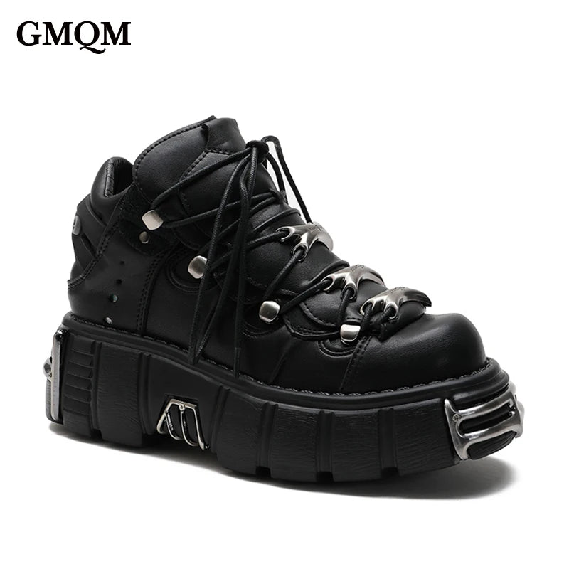 GMQM Designer Fashion Women's Ankle Boots Platform Pumps Rock Gothic Punk Style Motorcycle Boots Y2k Cosplay Metal Decoration