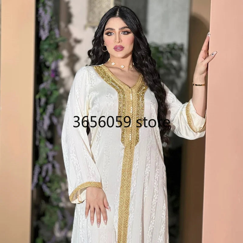 White Jacquard Satin Caftan Dresses for Women Dubai Saudi Arabian Party Evening Jalabiya Muslim Eid Abaya Moroccan Kaftan Jalaba