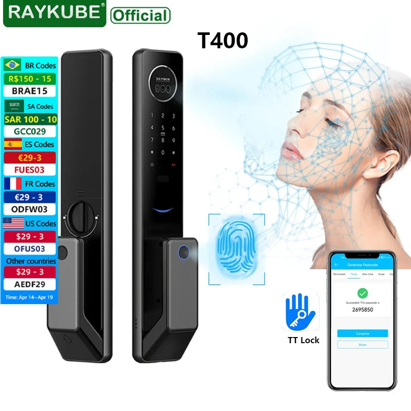 2023 NEW RAYKUBE T400 Full-auto Advanced TT Lock 3D Face Recognition Smart Door Lock Digital Fingerprint Electronic Door Lock