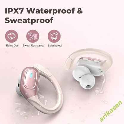 Bluetooth 5.3 IP7 Waterproof Wireless Earbuds with ENC Noise Cancelling Deep Bass Sports Gym Earhooks LED Display