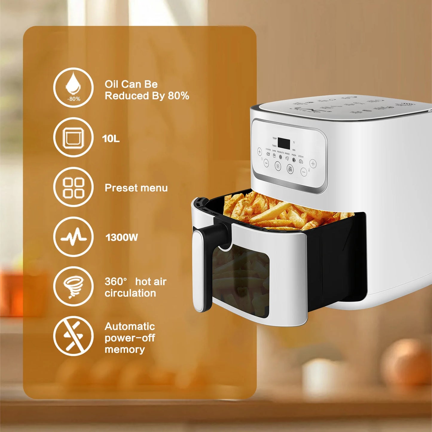 LAC Stainless Steel Household 10L Multifunctional Automatic Air Fryer 220V Perspective Window Smart Touch Screen Electric Oven