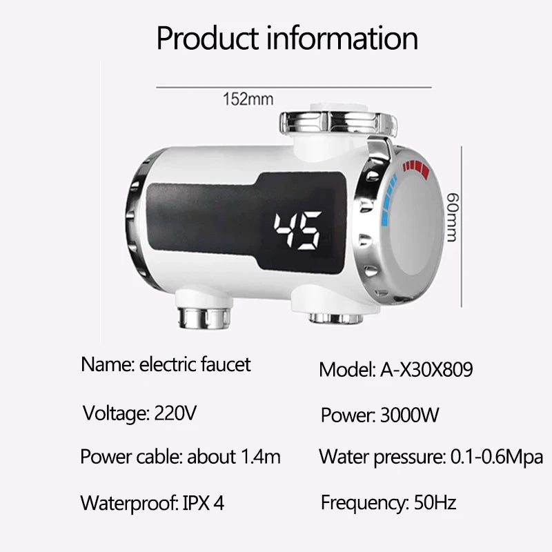 3000W Electric Water Heater Quick Install Instant Heating Faucet Hot and Cold Double Outlet Tap with Temperature Display 220V