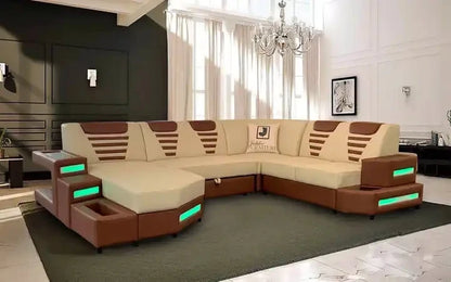 Newest High End Living room sofa U shape LED sofa couch modern new design Genuine Leather Functional Sofa Sets