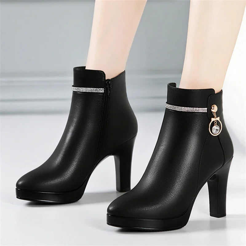 Comfortable Fashion Soft Leather Winter Shoes Platform Boots 2024 Elegant Black Block High Heel Plush Non-slip Ankle Boots