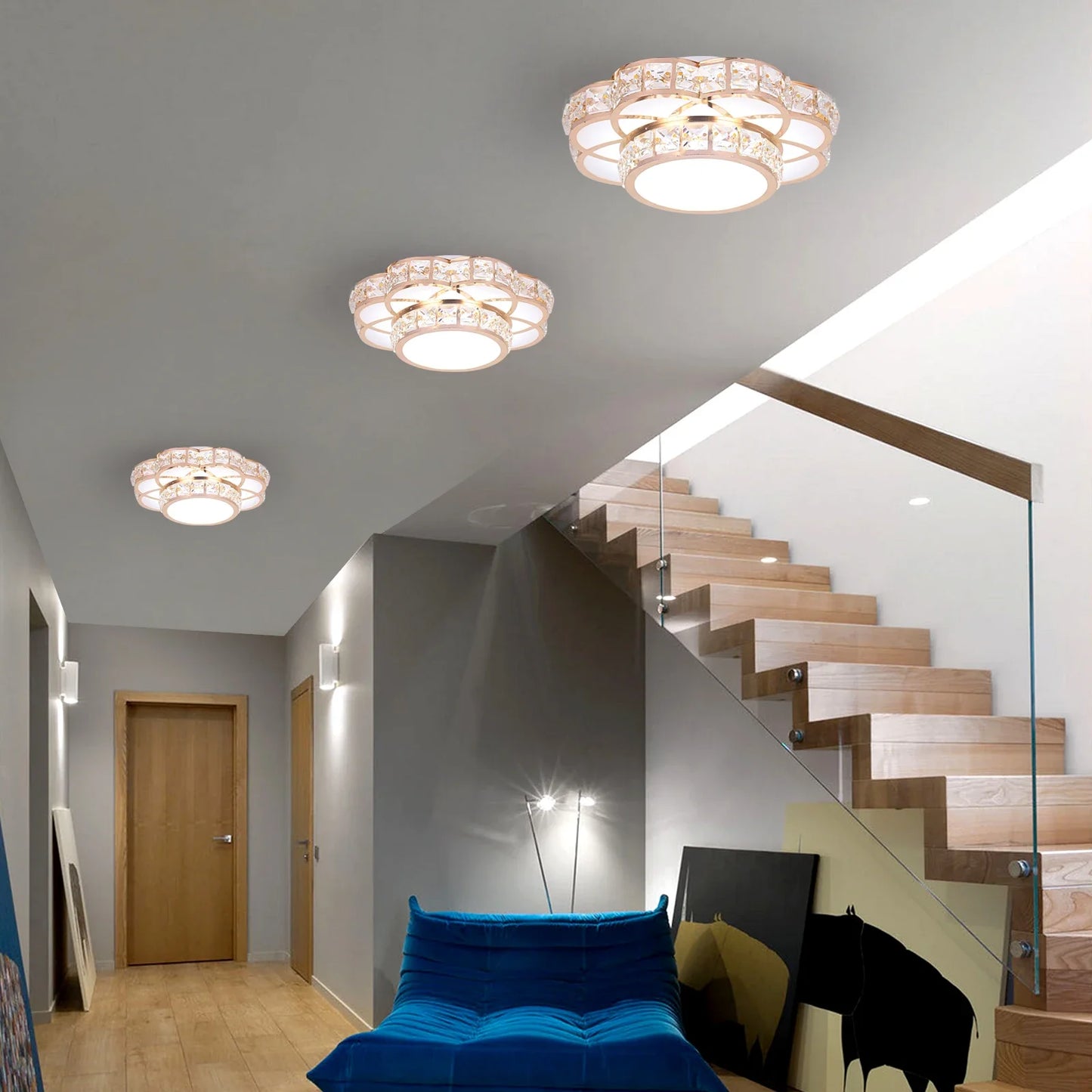 Modern Led Crystal Ceiling Lamp Flower Gold Kitchen Ceiling Chandelier Lights Aisle Corridor Stairs Plafonnier Lustre Luminaires