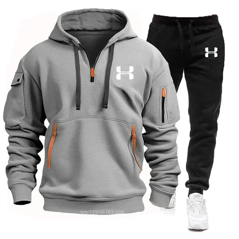 New men's sports suit, outdoor jogging fitness multi-pocket hoodie + pants 2 sets, fashion autumn and winter men's leisure suit