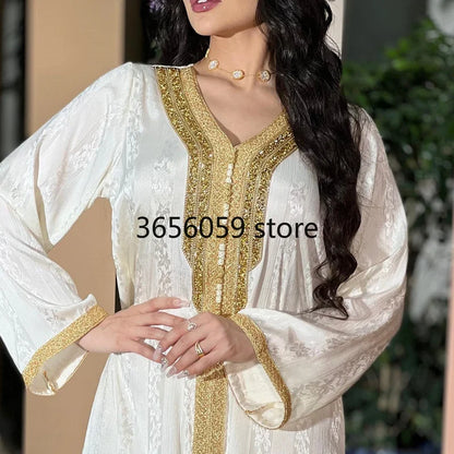 White Jacquard Satin Caftan Dresses for Women Dubai Saudi Arabian Party Evening Jalabiya Muslim Eid Abaya Moroccan Kaftan Jalaba