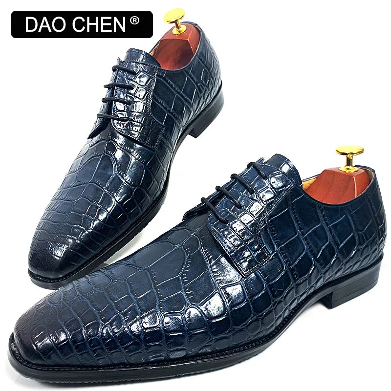 DAOCHEN ITALIAN MEN LEATHER SHOES BLUE BLACK CROCODILE PRINT LACE UP CASUAL DRESS MAN SHOE OFFICE WEDDING SHOES FOR MEN