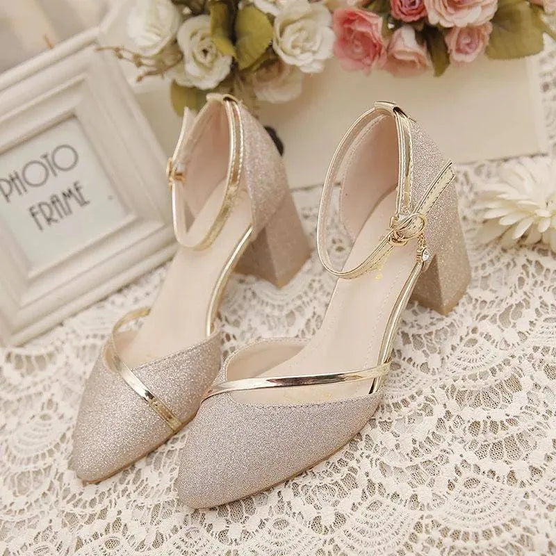 Summer New Baotou Sandals Women's Pointed Root Thick Heel Women's Shoes A Button Fashion Sandals Zapatos De Mujer