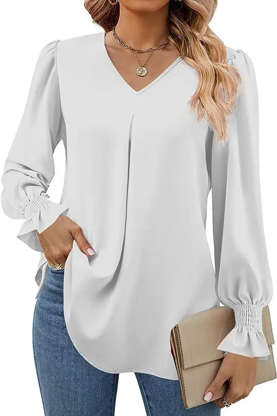 Women's New Solid Color Chiffon Shirt V-neck Pullover Flared Long Sleeved Top Shirt Office Lady Elegant Khaki Loose Blouses