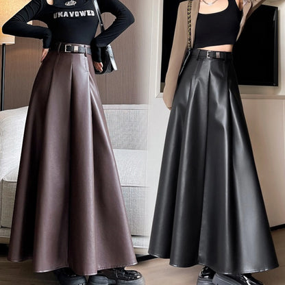 Women Black Elegant Party Pleated Long Skirt Fall Winter French Leisure Retro Brown High Waist Slim Pu Leather Half Length Skirt