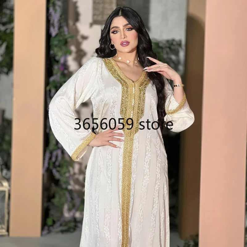 White Jacquard Satin Caftan Dresses for Women Dubai Saudi Arabian Party Evening Jalabiya Muslim Eid Abaya Moroccan Kaftan Jalaba