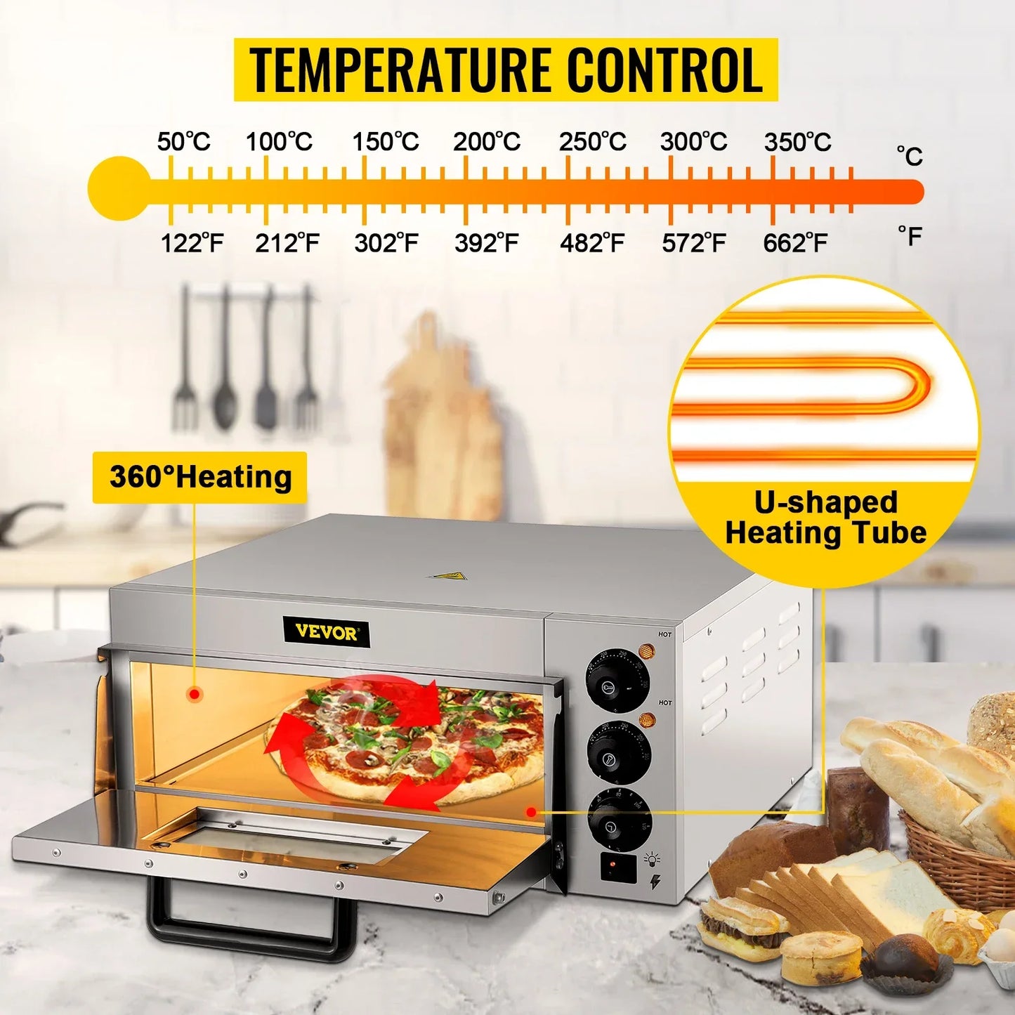 VEVOR Commercial Electric Pizza Oven 14" Single Deck Layer 220V 1300/2000W with Stone and Shelf Multipurpose Pizza Maker